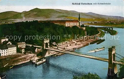 AK / Ansichtskarte Tetschen Bodenbach_Boehmen Kettenbruecke Elbe Schloss Tetschen Bodenbach Boehmen
