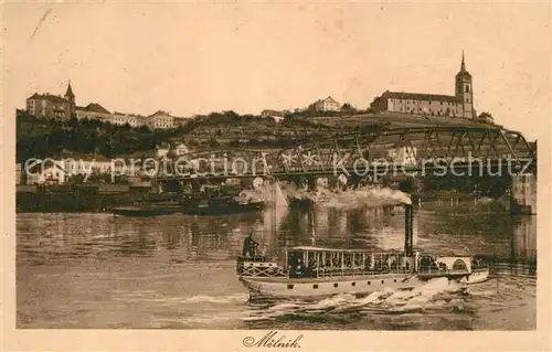 AK / Ansichtskarte Melnik_Tschechien Dampfer Moldau Bruecke Blick zur Burg Melnik Tschechien