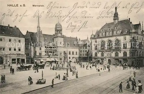 AK / Ansichtskarte Halle_Saale Marktplatz Pferdekutschen Halle_Saale