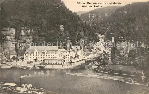 AK / Ansichtskarte Herrnskretschen_Boehmen Blick von Schoena Fahrschein 