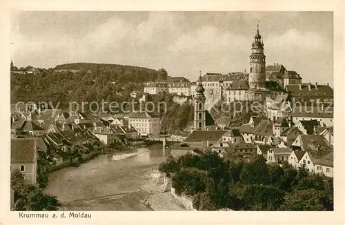 AK / Ansichtskarte Krummau_Suedboehmen Panorama Moldau Schloss Kupfergravurkarte Krummau Suedboehmen