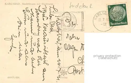 Karlsbad_Eger Marktbrunnen mit Stadtturm Karlsbad_Eger