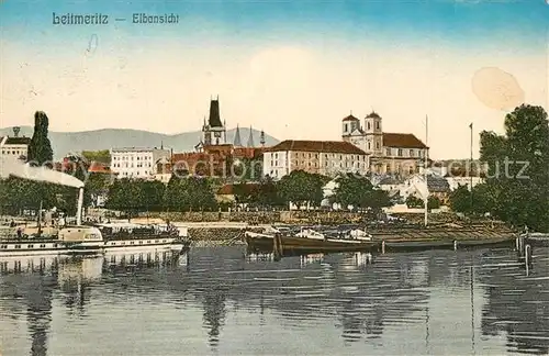 Leitmeritz_Litomerice_Nordboehmen Elbansicht Dampfer Frachtkahn Blick zur Stadt Leitmeritz_Litomerice