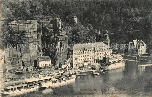 Herrnskretschen_Boehmen Herrenhaus mit Jungfernsprung Felsen Elbe Dampfer Stempel geprueft 