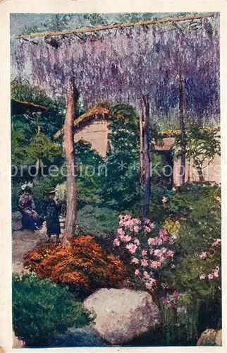 AK / Ansichtskarte Kuenstlerkarte Z cest Jana Havlasy Vistarie a azalky v Tokiu Japonsko japanischer Garten Blumen 