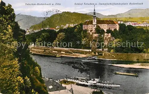 AK / Ansichtskarte Tetschen Bodenbach_Boehmen Blick ueber die Elbe Schloss Dampfschifflandeplatz Bodenbach Dampfer Tetschen Bodenbach Boehmen