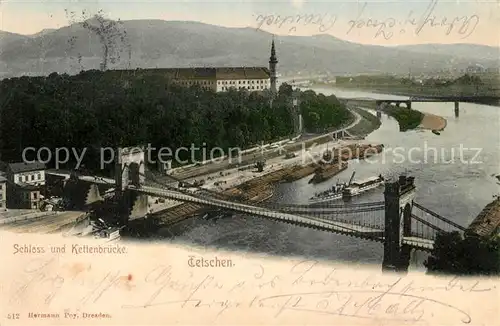 AK / Ansichtskarte Tetschen Bodenbach_Boehmen Panorama Blick zum Schloss Elbe Kettenbruecke Tetschen Bodenbach Boehmen