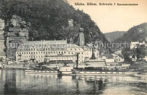 AK / Ansichtskarte Herrnskretschen_Boehmen Dampfer Blick ueber die Elbe Hotel Herrenhaus Felsen 