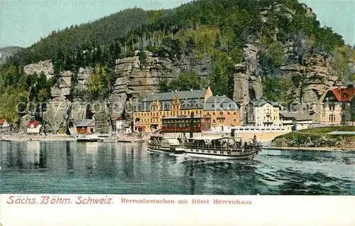 AK / Ansichtskarte Herrnskretschen_Boehmen Dampfer Blick ueber die Elbe Hotel Herrenhaus Felsen 