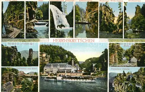 AK / Ansichtskarte Herrnskretschen_Boehmen Landschaftspanorama Felsformationen Wasserfaelle Elbe Dampfer Hotel 