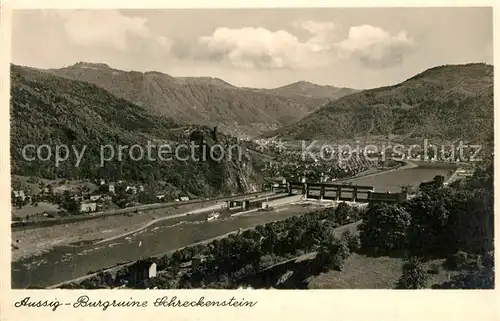 AK / Ansichtskarte Aussig_Tschechien Panorama Elbe Wehr Schleuse Burgruine Schreckenstein Aussig Tschechien