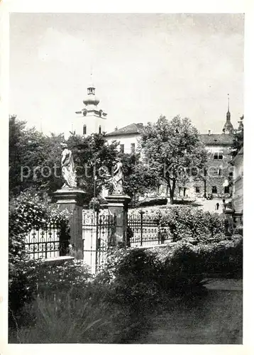 AK / Ansichtskarte Maehrisch Schoenberg Statuen Blick zur Kirche Maehrisch Schoenberg