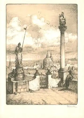 AK / Ansichtskarte Praha_Prahy_Prague Statue Saeule Kubasta Kuenstlerkarte Nr. 5 Praha_Prahy_Prague