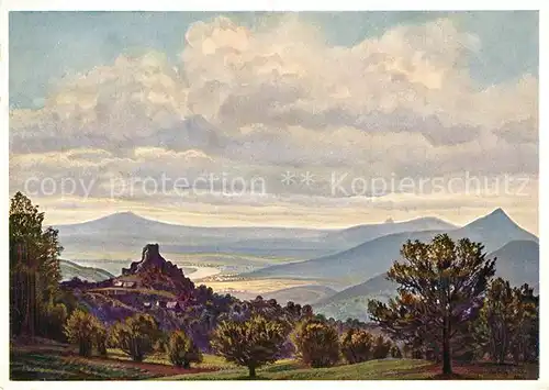 AK / Ansichtskarte Kamyk Panorama Blick vom Eisberg gegen Ruine Kamaik Serie Das Schoene Elbtal Hirsch Kuenstlerkarte Kamyk