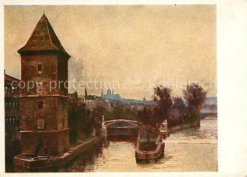 AK / Ansichtskarte Praha_Prahy_Prague Stara mlynska vez z Jiraskova mostu Pospisil Kuenstlerkarte Praha_Prahy_Prague