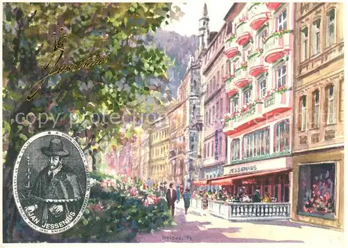 AK / Ansichtskarte Karlovy_Vary Hotel Restaurant Jan Jessenius Portrait Kuenstlerkarte Karlovy Vary