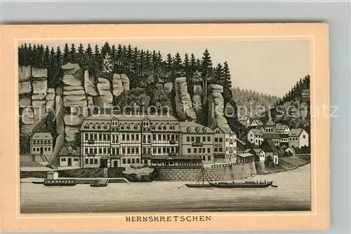 AK / Ansichtskarte Herrnskretschen_Boehmen Blick ueber die Elbe Hotel Felsen Elbsandsteingebirge Litho 