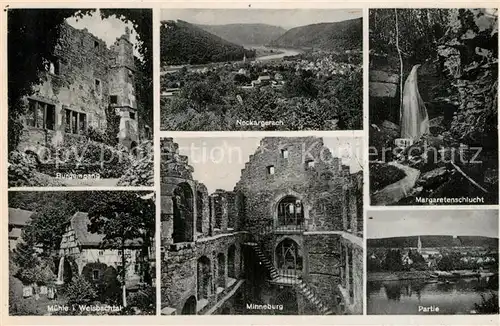 AK / Ansichtskarte Neckargerach Panorama Minneburg Burgeingang Ruine Margaretenschlucht Wasserfall Muehle im Weissbachtal Neckargerach