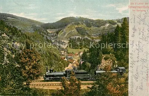 AK / Ansichtskarte Triberg_Schwarzwald Die 3 Linien der Schwarzwaldbahn beim Bachjoerg Eisenbahn Landschaftspanorama Triberg Schwarzwald