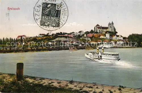 AK / Ansichtskarte Breisach_Rhein Rheinufer Dampfer Schiffsbruecke Blick zum Muenster Breisach Rhein