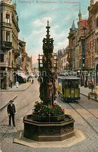 AK / Ansichtskarte Freiburg_Breisgau Kaiserstrasse Fischbrunnen Strassenbahn Freiburg Breisgau