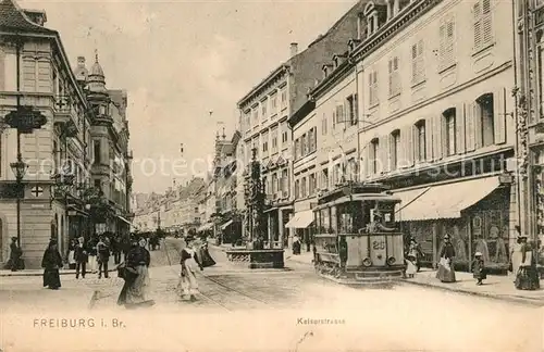 AK / Ansichtskarte Freiburg_Breisgau Kaiserstrasse Brunnen Strassenbahn Freiburg Breisgau