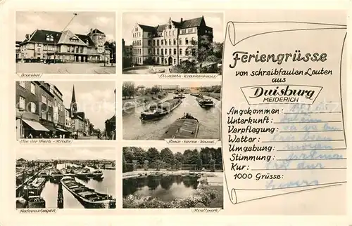 AK / Ansichtskarte Meiderich_Duisburg Bahnhof Elisabeeth Krankenhaus Rhein Herne Kanal Meiderich Duisburg