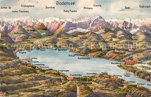 AK / Ansichtskarte Bodensee_Region und Umgebung mit Alpen aus der Vogelperspektive Kuenstlerkarte Bodensee Region