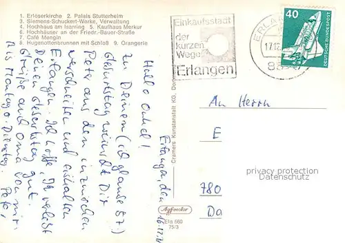 AK / Ansichtskarte Erlangen Erloeserkirche Palais Stutterheim Hochhaus Isarring Kaufhaus Merkur Hochhaeuser Friedr Bauer Strasse Cafe Mengin Hugenottenbrunnen mit Schloss Orangerie Erlangen