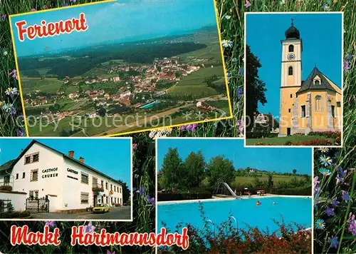 AK / Ansichtskarte Markt_Hartmannsdorf Panorama Kirche Gasthof Gruber Freibad Markt Hartmannsdorf