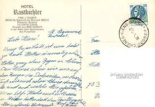 AK / Ansichtskarte St_Sigmund_Pustertal Hotel Rastbichler St_Sigmund_Pustertal