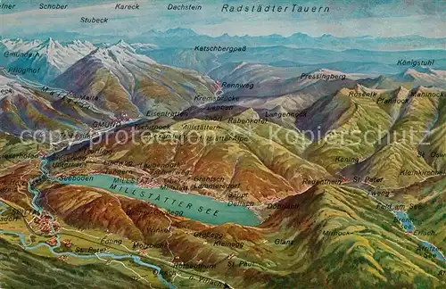 AK / Ansichtskarte Millstaettersee und Umgebung Alpen Radstaedter Tauern aus der Vogelperspektive Millstaettersee