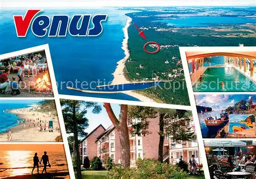 AK / Ansichtskarte Mrzezyno Ferienresort Venus Hallenbad Strand Sonnenuntergang Lagerfeuer Fliegeraufnahme Mrzezyno