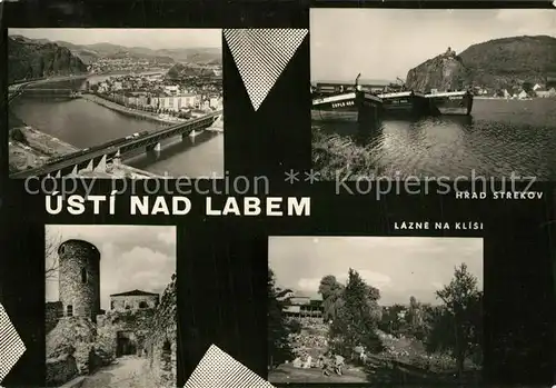 AK / Ansichtskarte Usti_nad_Labem Panorama Elbetal Bruecke Binnenschiffahrt Turm Hrad Strekov Lazne na Klisi Usti_nad_Labem