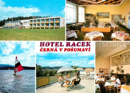 AK / Ansichtskarte Cerna_v_Posumavi Hotel Racek Restaurant Terrasse Windsurfen Lipno Stausee Cerna_v_Posumavi