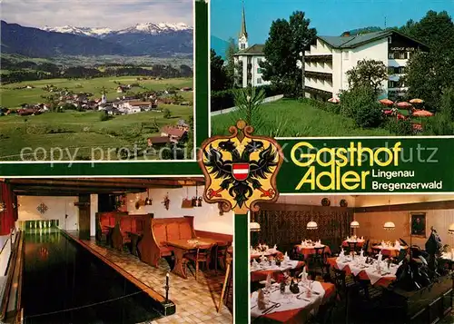 AK / Ansichtskarte Lingenau_Vorarlberg Gasthof Pension Adler Restaurant Kegelbahn Alpenpanorama Wappen Lingenau Vorarlberg