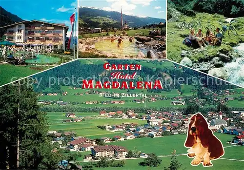 AK / Ansichtskarte Ried_Zillertal Hotel Magdalena Swimming Pool Fahrradtour Panorama Hund Ried_Zillertal
