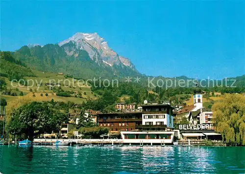 AK / Ansichtskarte Hergiswil_NW Seehotel Belvedere Kirche Ansicht vom See aus Hergiswil NW