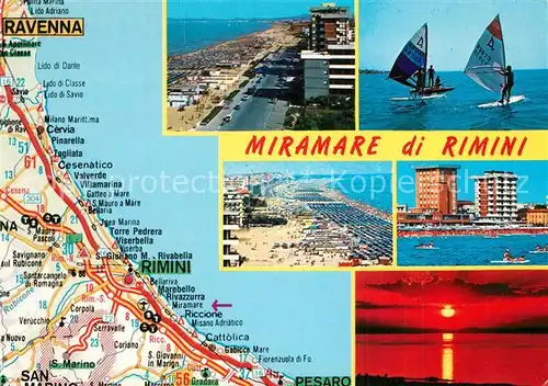 AK / Ansichtskarte Miramare_di_Rimini  Landkarte Kuestenstrasse Strand Windsurfen Hotels Sonnenuntergang am Meer Miramare_di_Rimini 