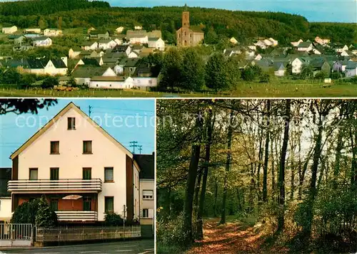 AK / Ansichtskarte Waldbrunn_Westerwald Ortsansicht mit Kirche Pension Jost Waldpartie Waldbrunn_Westerwald