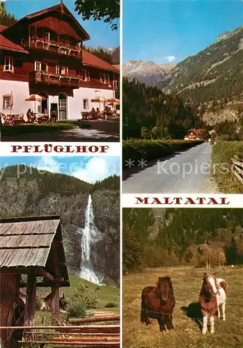 AK / Ansichtskarte Maltatal_Kaernten Alpenhotel Pflueglhof Wasserfall Landschaftspanorama Alpen Ponys Maltatal Kaernten