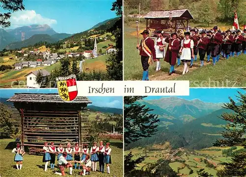 AK / Ansichtskarte Irschen_Kaernten Panorama Drautal Alpen Simmerlach Doblklamm Musikkapelle Trachten Irschen Kaernten