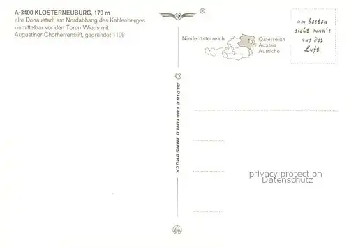AK / Ansichtskarte Klosterneuburg Stadtbild mit Augustiner Chorherrnstift Donautal Fliegeraufnahme Klosterneuburg