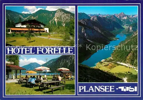 AK / Ansichtskarte Reutte_Tirol Hotel Forelle Strandbad Gaststaette Plansee Alpenpanorama Fliegeraufnahme Reutte Tirol