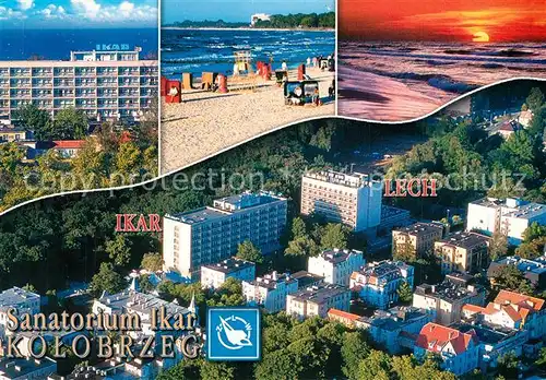 AK / Ansichtskarte Kolobrzeg_Polen Sanatorium Ikar Strand Sonnenuntergang Fliegeraufnahme Kolobrzeg_Polen