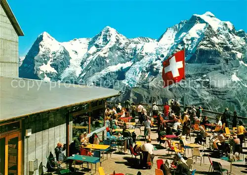AK / Ansichtskarte Schilthorn_Muerren Schilthornbahn Aussichtsterrasse Brg Eiger Moench Jungfrau Schilthorn Muerren