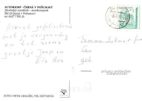 AK / Ansichtskarte Cerna_v_Posumavi Autokemp Jihocesk autoklub Autokempink Segeln Cerna_v_Posumavi