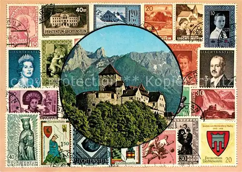 AK / Ansichtskarte Briefmarke_auf_Ak Liechtenstein Schloss Vaduz F?rsten Briefmarke_auf_Ak