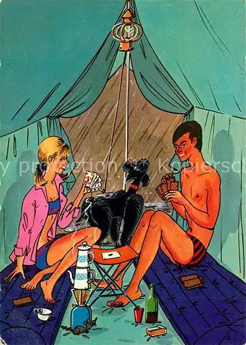 AK / Ansichtskarte Camping Kartenspiel Zelt Mann Frau Hund Regen  Camping