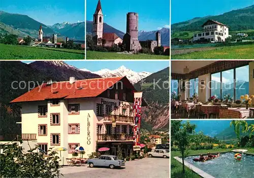 AK / Ansichtskarte Mals_Suedtirol Ortsansicht mit Kirche Gasthof Pension Panorama Swimming Pool Mals Suedtirol